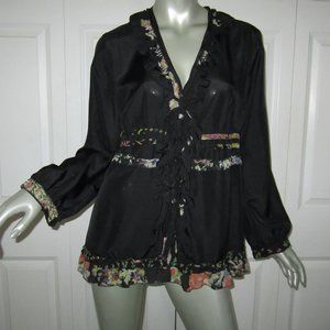 JOHNNY WAS Black Ruffled Tie Front Boho Blouse